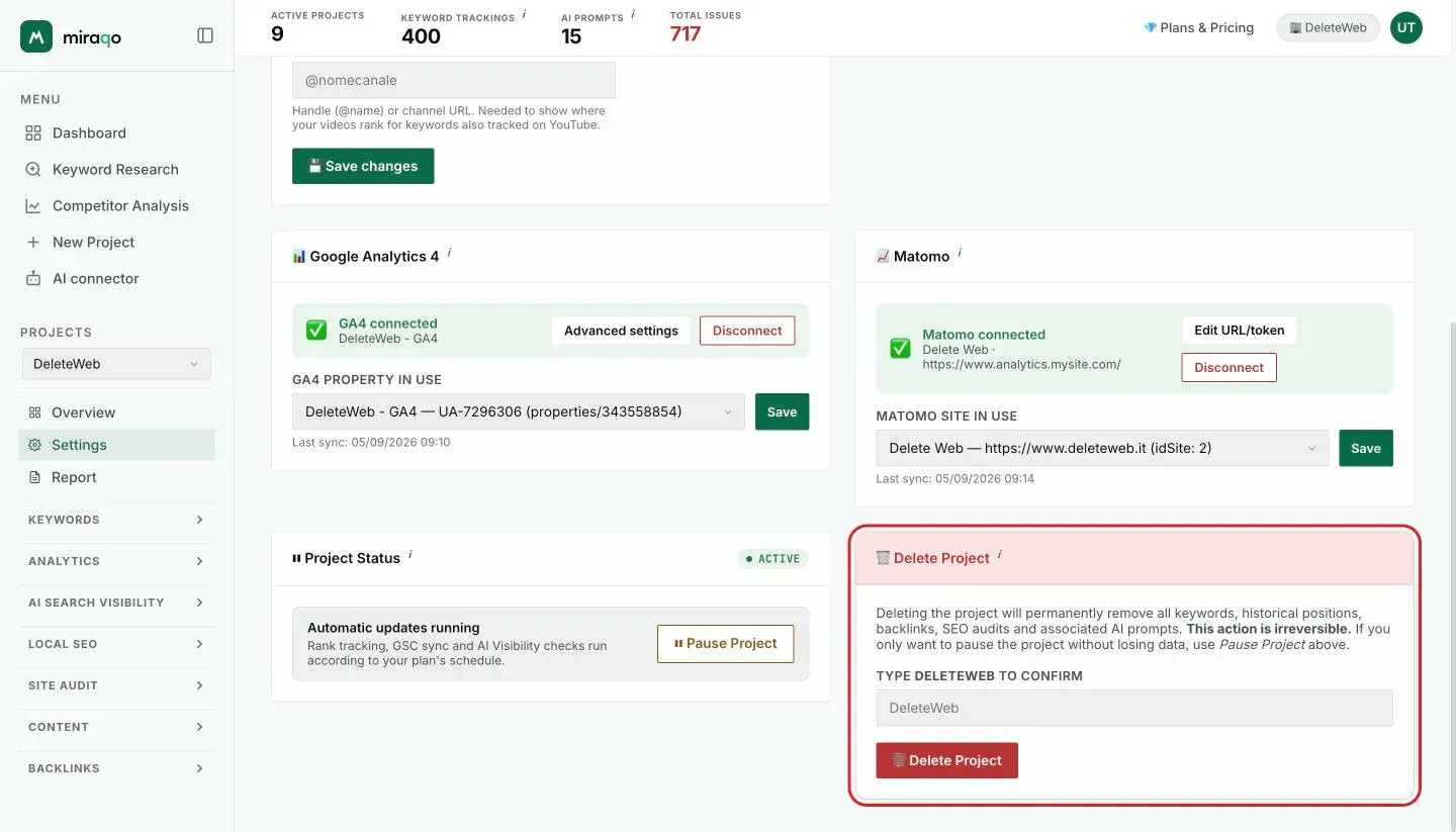 At the bottom of Settings → General: the Project Status card with Suspend Project and, on the right, the red Delete Project card with the confirmation field and the highlighted button