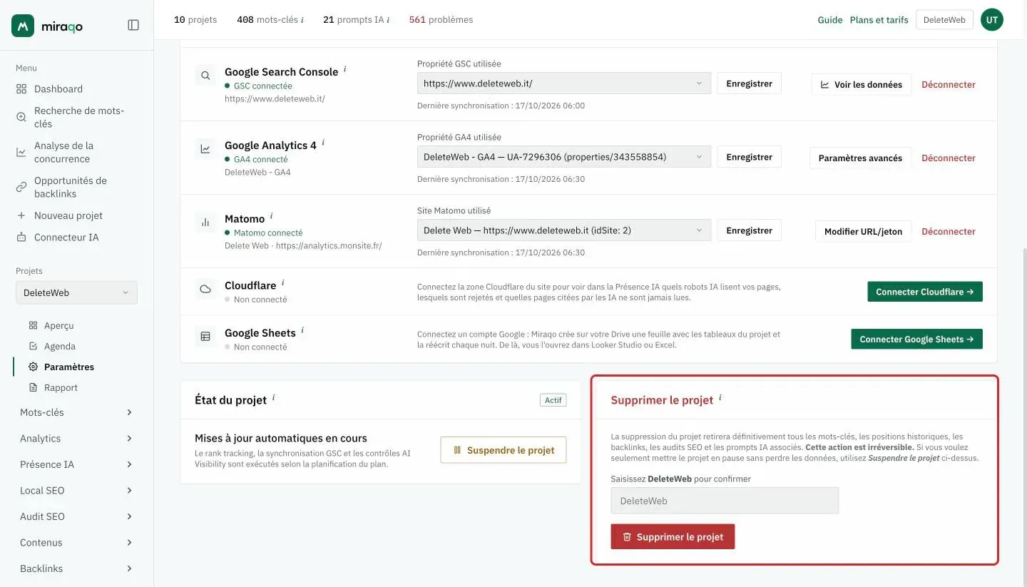 En bas de Paramètres → Général : la carte État du projet avec Suspendre le projet et, à droite, la carte rouge Supprimer le projet avec le champ de confirmation et le bouton mis en évidence