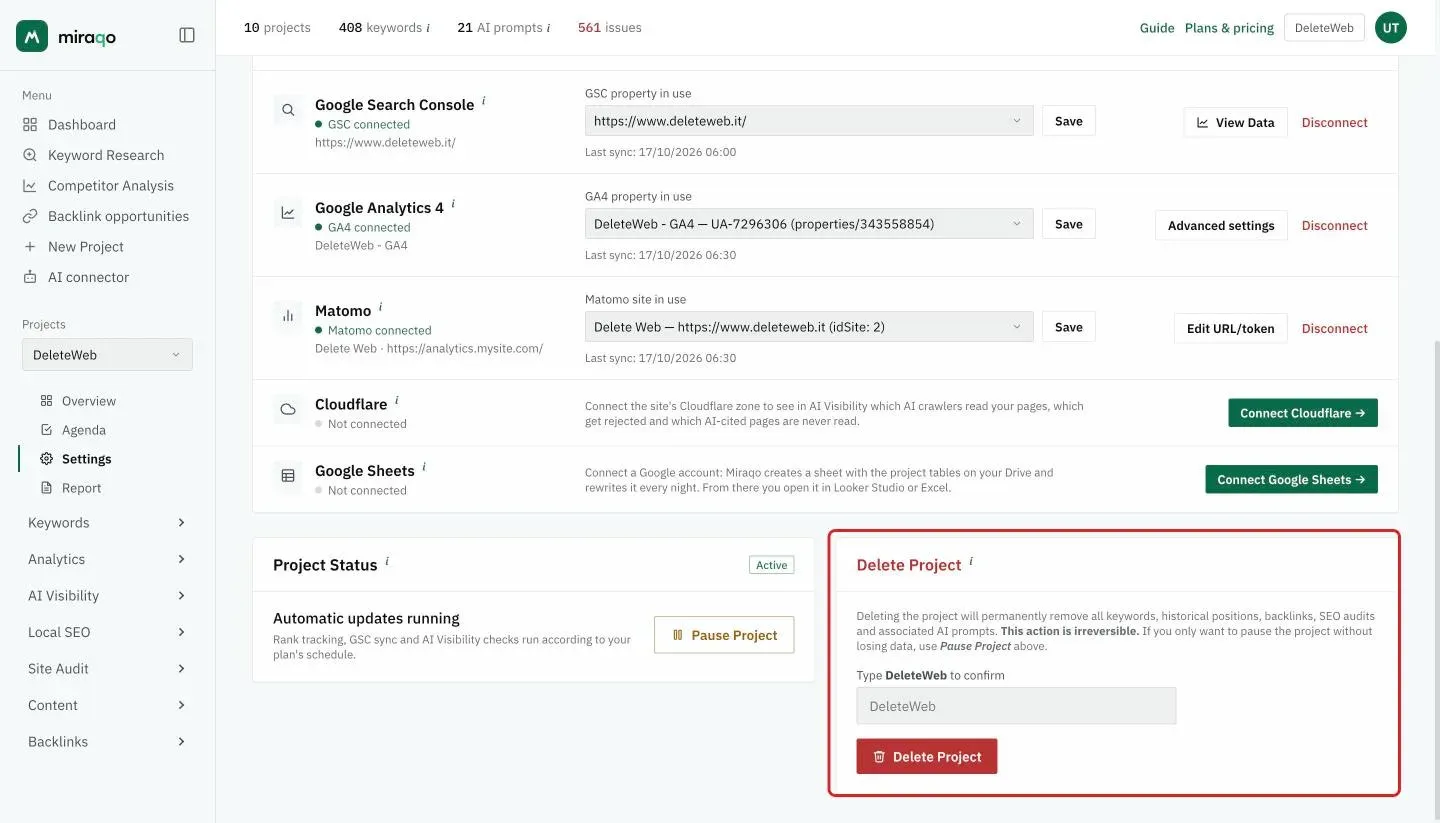 At the bottom of Settings → General: the Project Status card with Pause Project and, on the right, the red Delete Project card with the confirmation field and the highlighted button