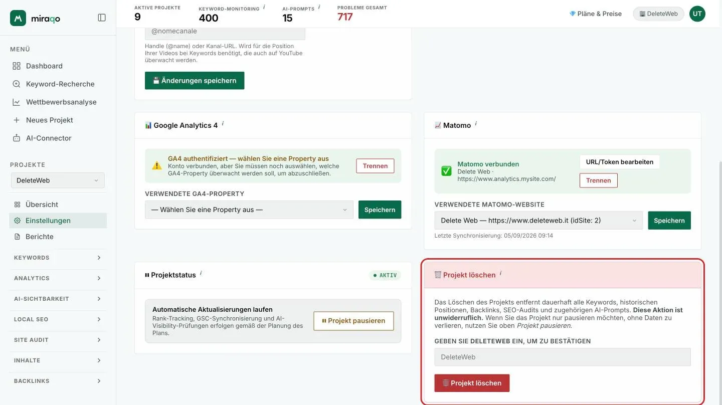 Am Ende von Einstellungen → Allgemein: die Karte Projektstatus mit Projekt aussetzen und, rechts, die rote Karte Projekt löschen mit dem Bestätigungsfeld und dem hervorgehobenen Button