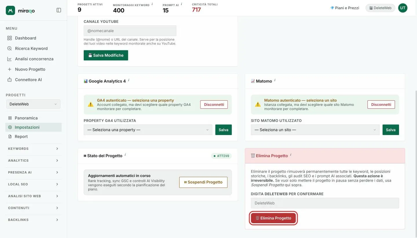 In fondo a Impostazioni → Generale: la card Stato del Progetto con Sospendi Progetto e, a destra, la card rossa Elimina Progetto con il campo di conferma e il pulsante evidenziato