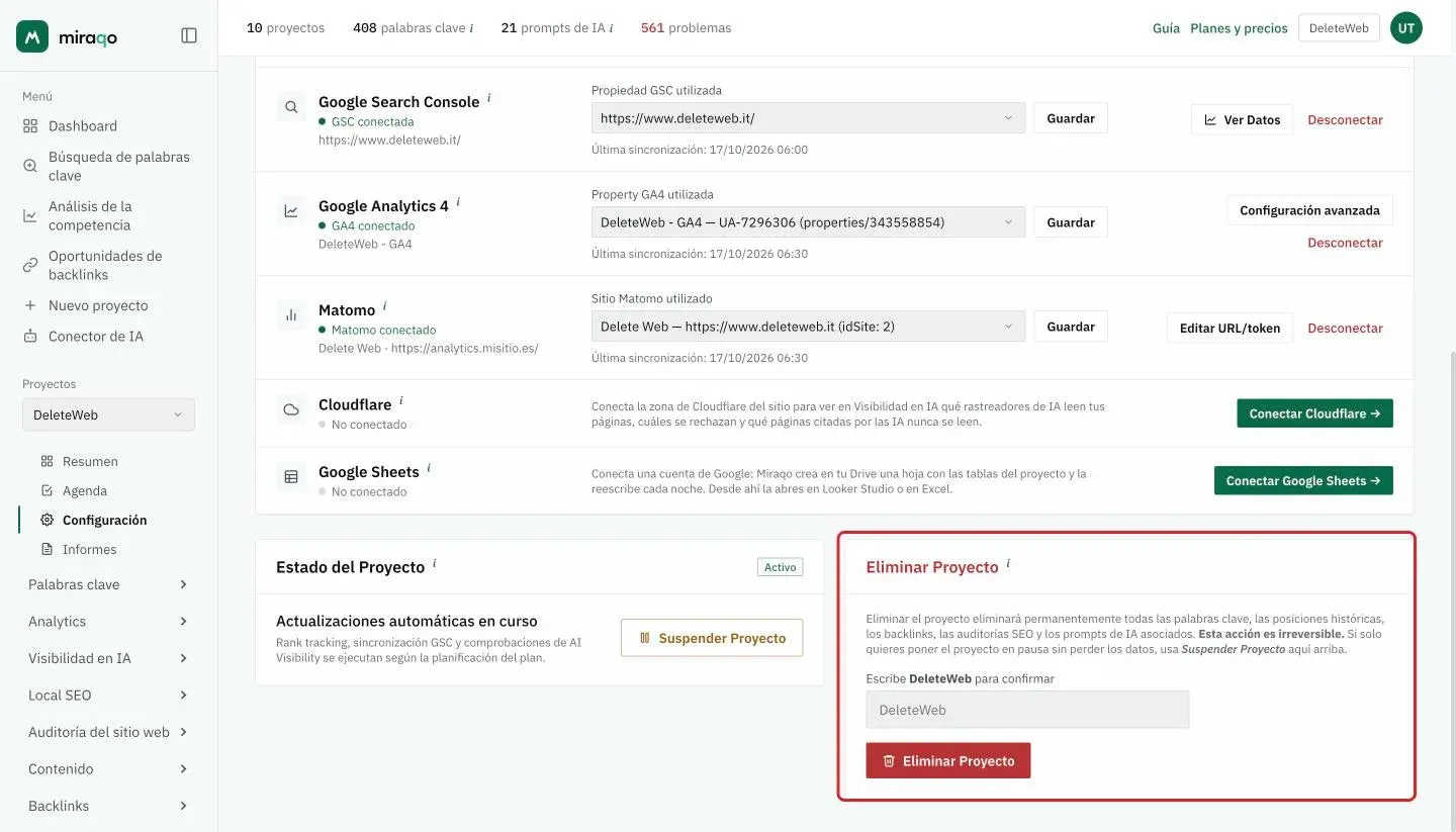 La tarjeta Eliminar proyecto: el texto de advertencia, el campo donde escribir el nombre exacto del proyecto y el botón rojo de eliminación