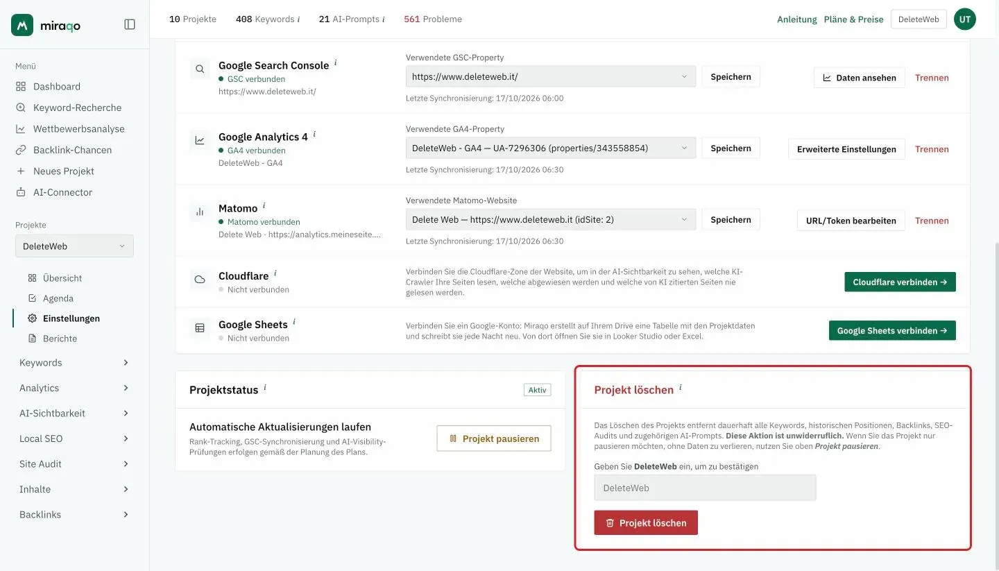 Die Karte Projekt löschen: der Warntext, das Feld zur Eingabe des exakten Projektnamens und der rote Löschen-Button