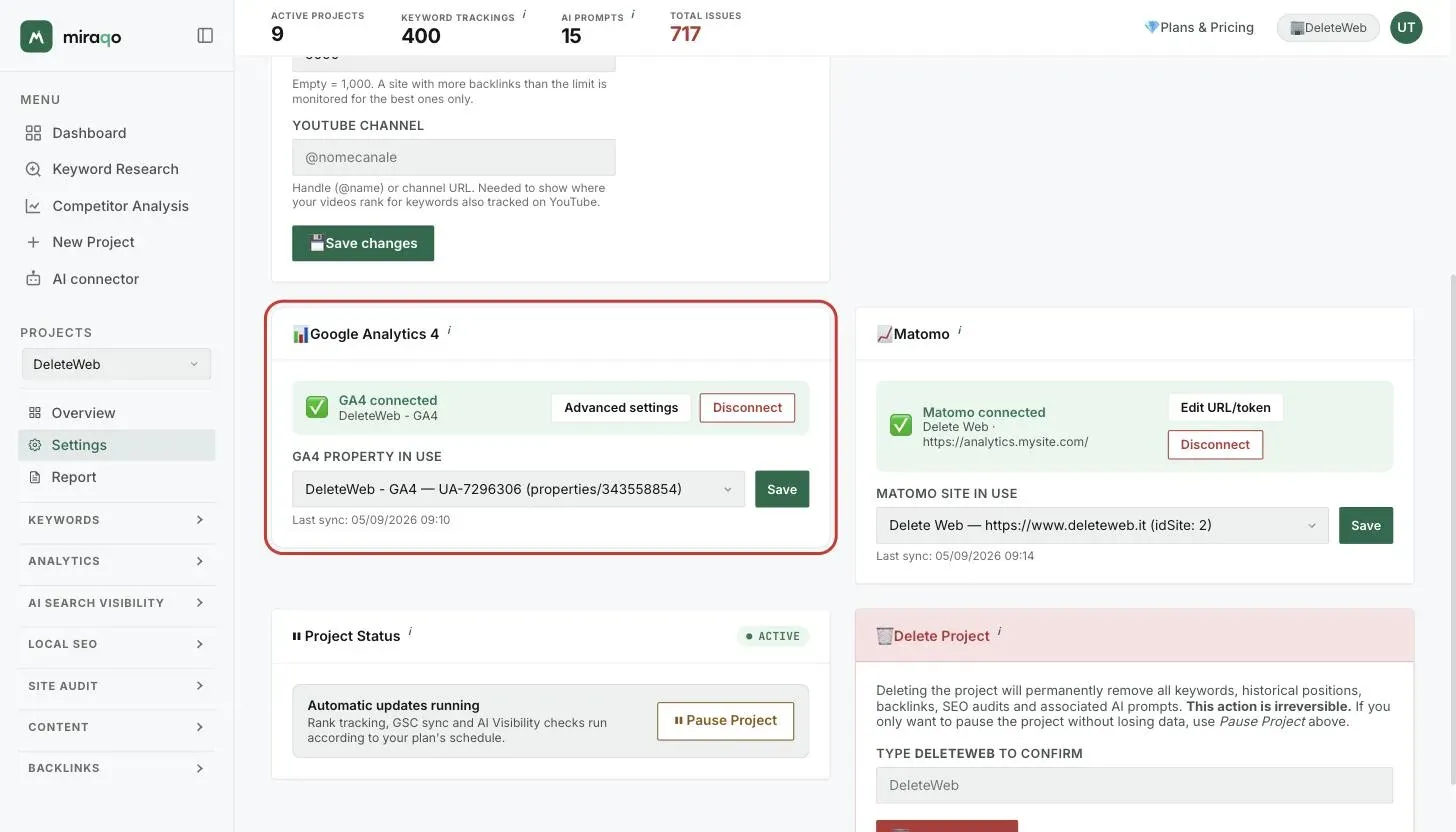 The connected GA4 card: green status with the property name, the Advanced settings and Disconnect buttons, the property dropdown and the last sync date