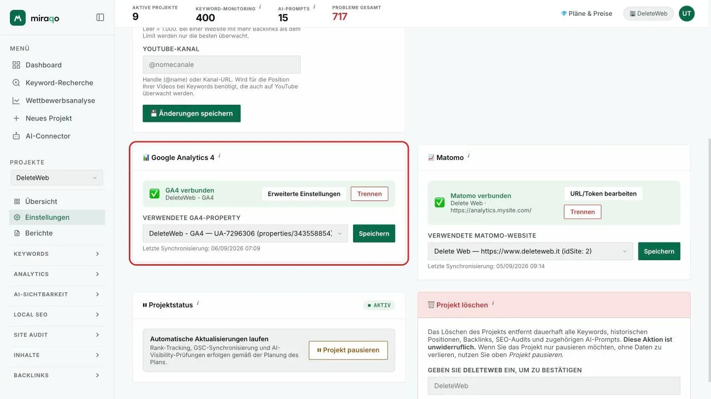 Die verbundene GA4-Karte: grüner Status mit dem Namen der Property, den Buttons Erweiterte Einstellungen und Trennen, dem Property-Dropdown und dem Datum der letzten Synchronisierung