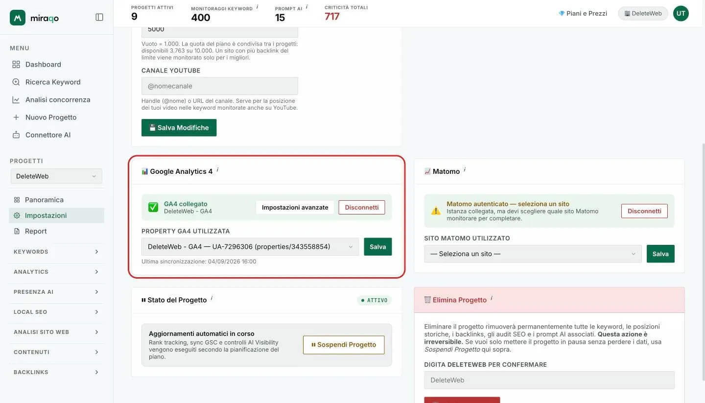 La card GA4 collegata: stato verde con il nome della property, bottoni Impostazioni avanzate e Disconnetti, dropdown della property e data dell’ultima sincronizzazione