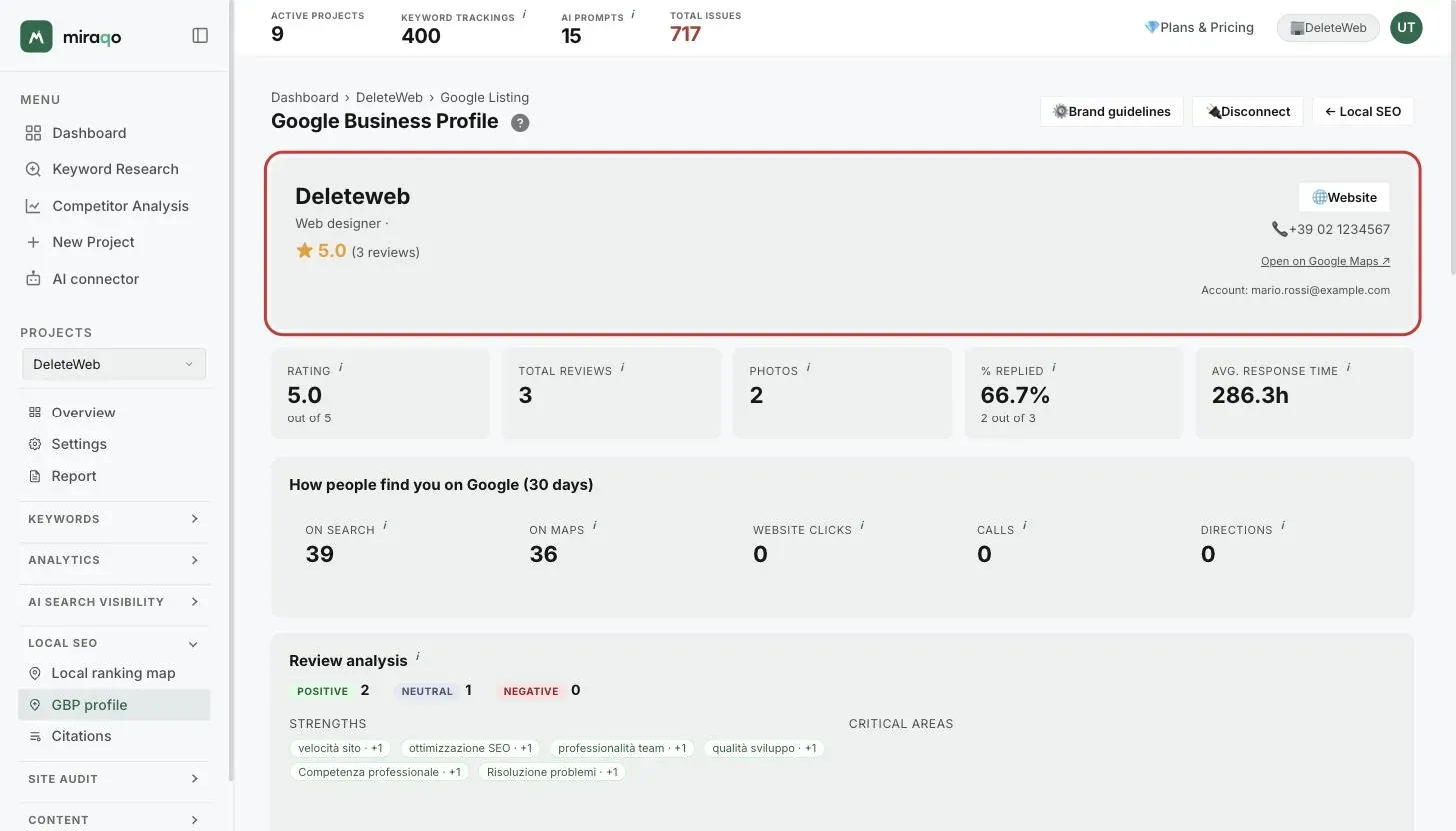 The listing’s hero card, highlighted: name, category, rating with review count, Website, phone, Open on Google Maps links and the connected account; below, the five stat cards