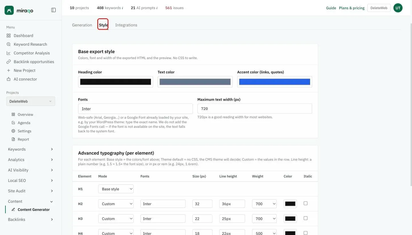 The Style tab highlighted: Base export style with heading, text and accent colours, font and maximum text width, and below the Advanced typography table with mode, font, size, line height, weight and colour for H1, H2, H3 and H4