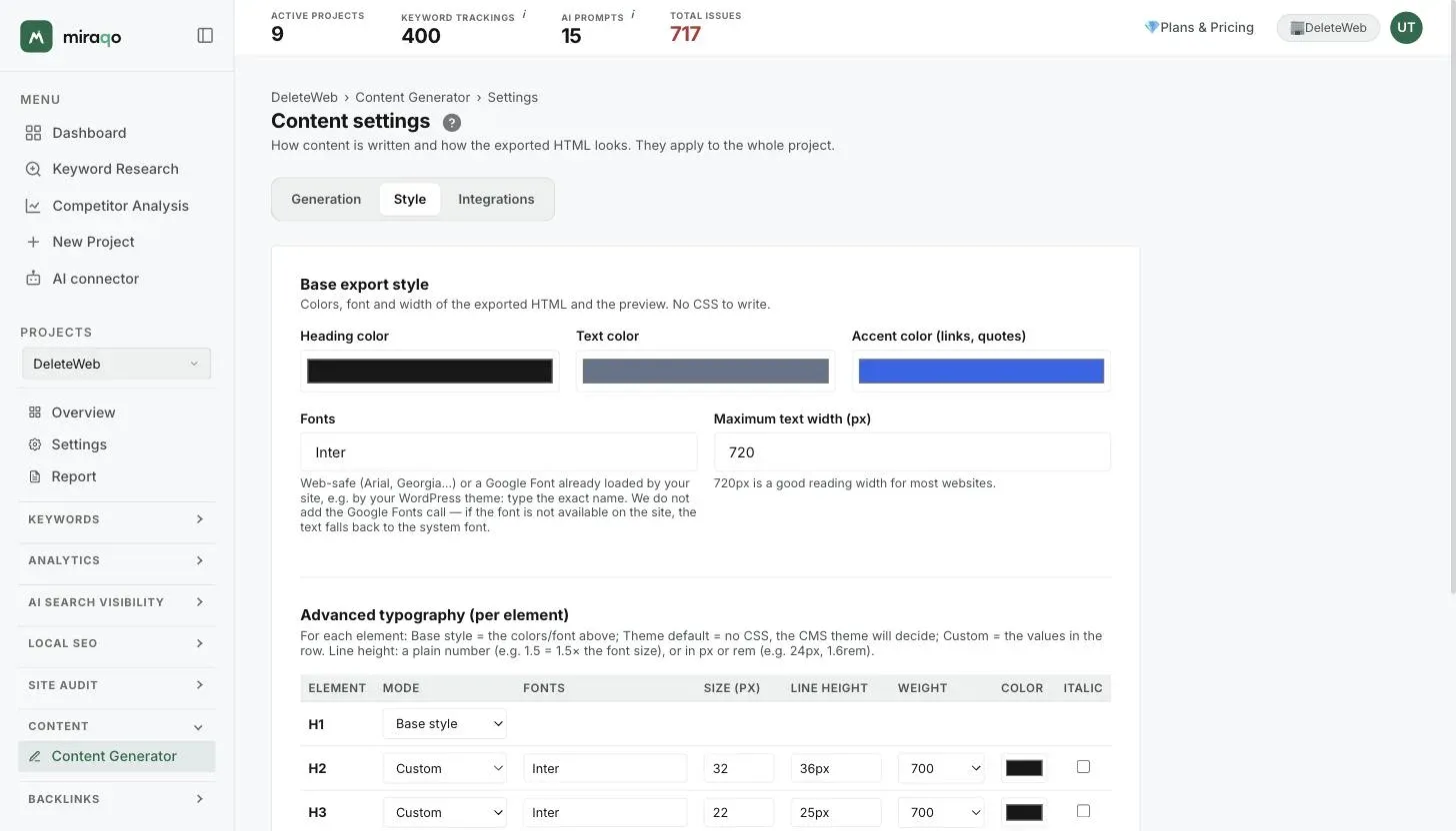 The Style tab: heading, text and accent colours, font and maximum text width, and the Advanced typography per element table
