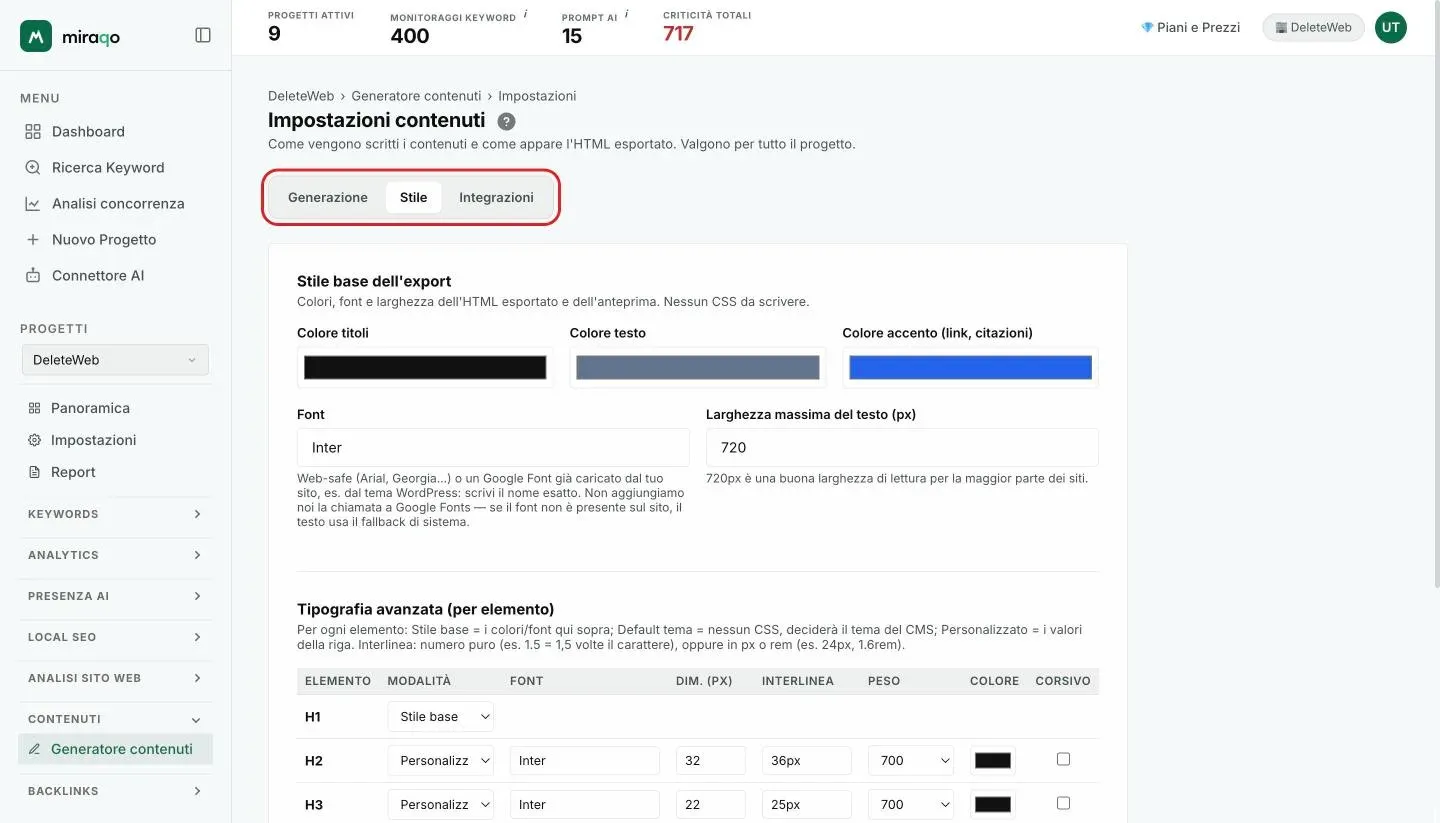 Il tab Stile: colori di titoli, testo e accento, font e larghezza massima del testo, e la tabella Tipografia avanzata per elemento