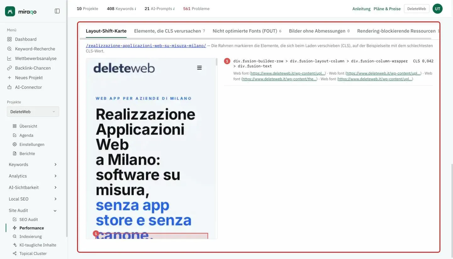 Der geöffnete Tab Layout-Shift-Karte: der Screenshot der Stichprobenseite mit dem schlechtesten CLS, mit dem nummerierten roten Kasten über dem Element, das sich verschiebt, und rechts Selektor, CLS und Ursachen