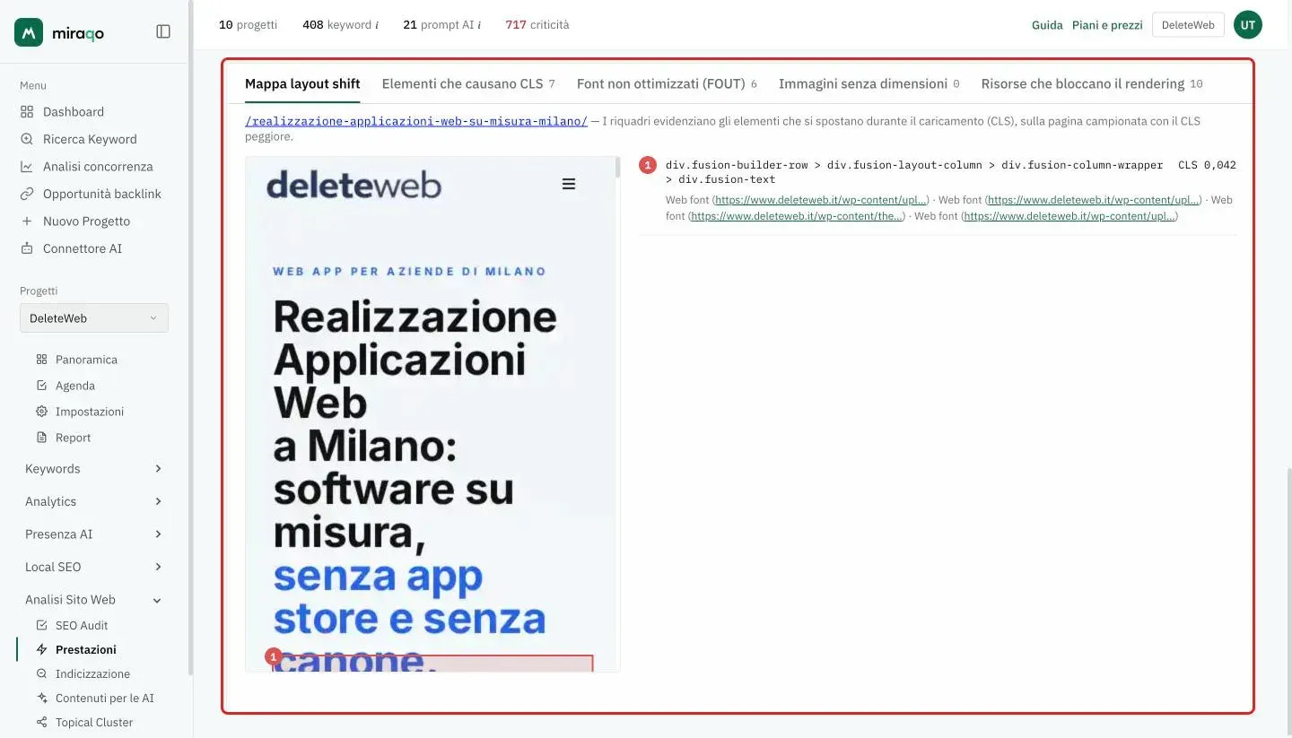 La scheda Mappa layout shift aperta: lo screenshot della pagina campionata con il CLS peggiore, con il riquadro rosso numerato sull’elemento che si sposta e, a destra, il selettore, il CLS e le cause