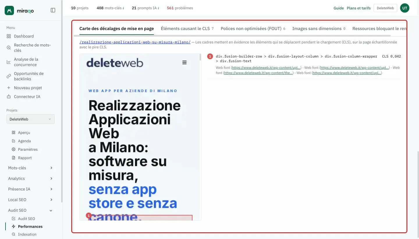 L’onglet Carte des décalages de mise en page ouvert : la capture d’écran de la page échantillonnée avec le pire CLS, avec le cadre rouge numéroté sur l’élément qui se déplace et, à droite, le sélecteur, le CLS et les causes