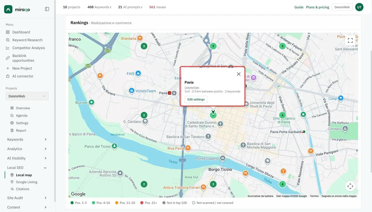 The highlighted bubble that opens when you click the central marker: location name, business name, grid size, distance between points, number of keywords and the Edit settings button