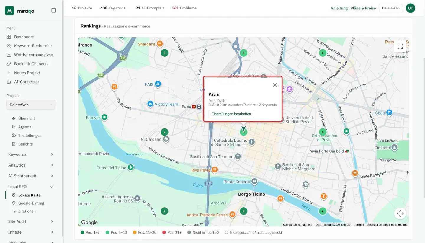 Die hervorgehobene Sprechblase, die sich beim Klick auf den zentralen Marker öffnet: Name des Standorts, Unternehmensname, Rastergröße, Abstand zwischen den Punkten, Anzahl der Keywords und der Button Einstellungen bearbeiten