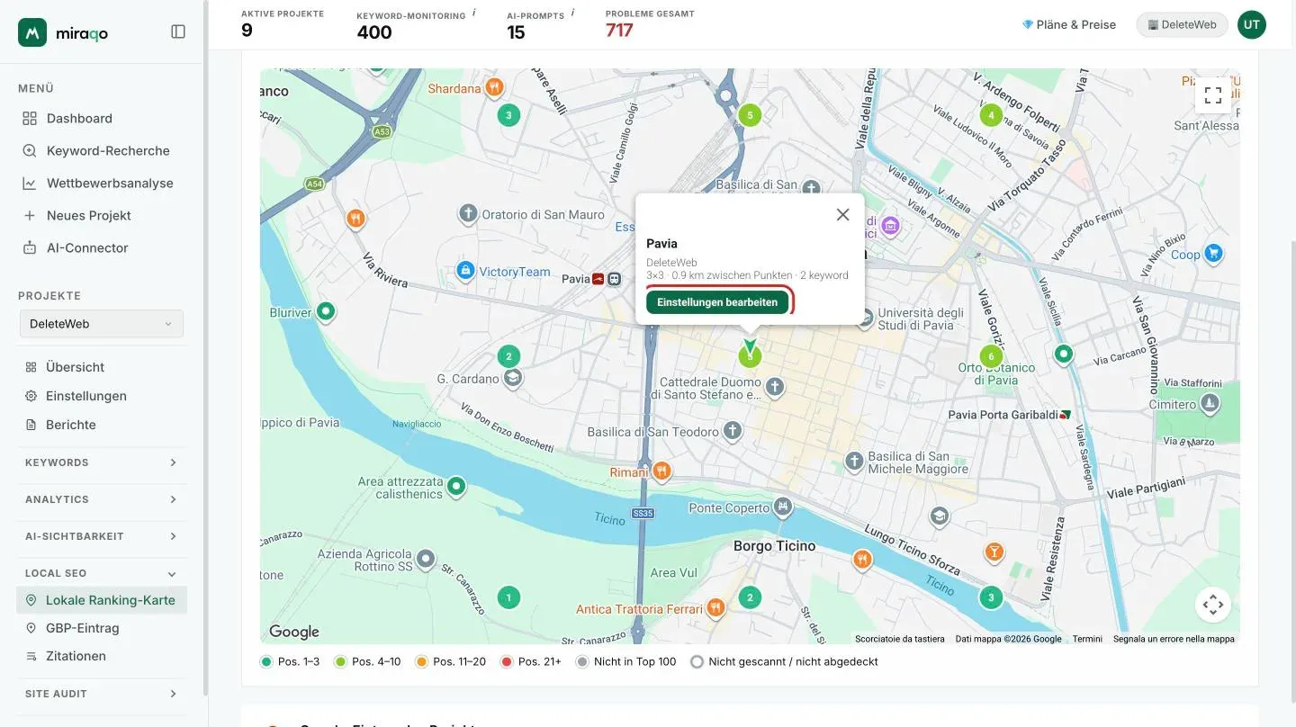 Die Sprechblase, die sich beim Klick auf den zentralen Marker öffnet: Name des Standorts, Unternehmensname, Grid-Größe, Abstand zwischen den Punkten und Anzahl der Keywords, mit dem hervorgehobenen Button Einstellungen bearbeiten