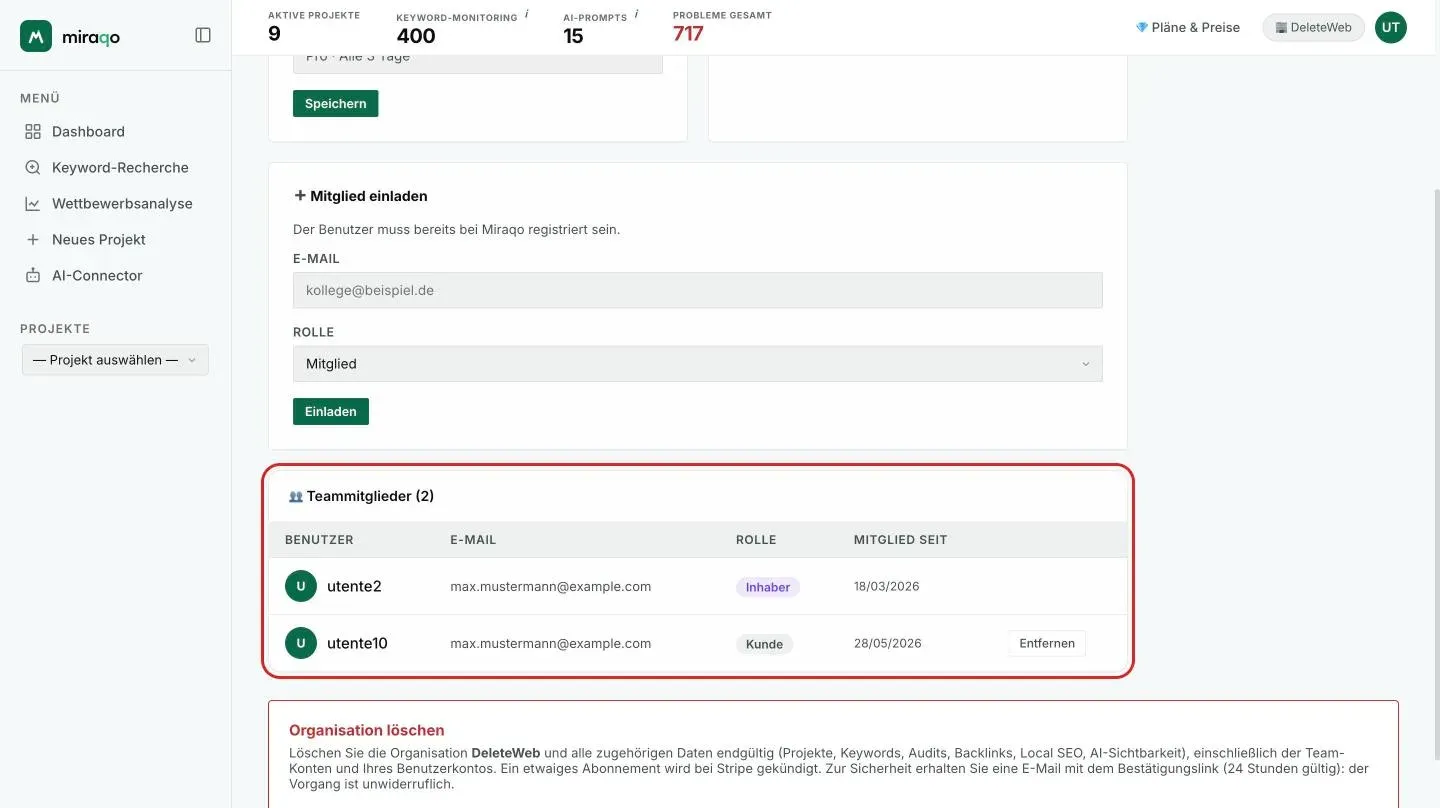 Die hervorgehobene Karte Teammitglieder: eine Zeile pro Mitglied mit Nutzer, E-Mail, Rolle, Beitrittsdatum und dem Button Entfernen; darunter die rote Zone Organisation löschen