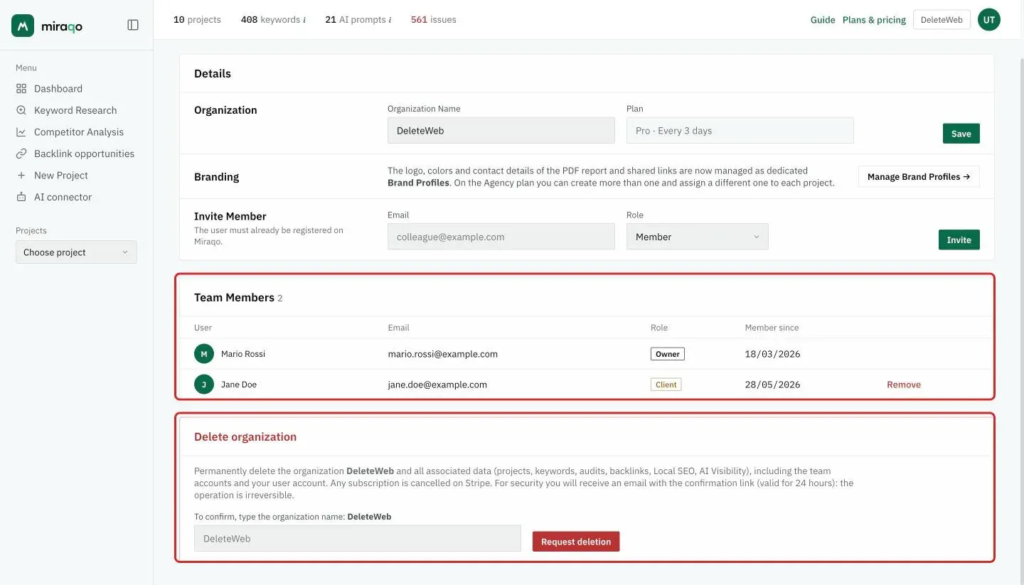 Highlighted, the Team Members card, with one row per member with user, email, role, joining date and the Remove button, and below it the red Delete organization zone with the name field and Request deletion