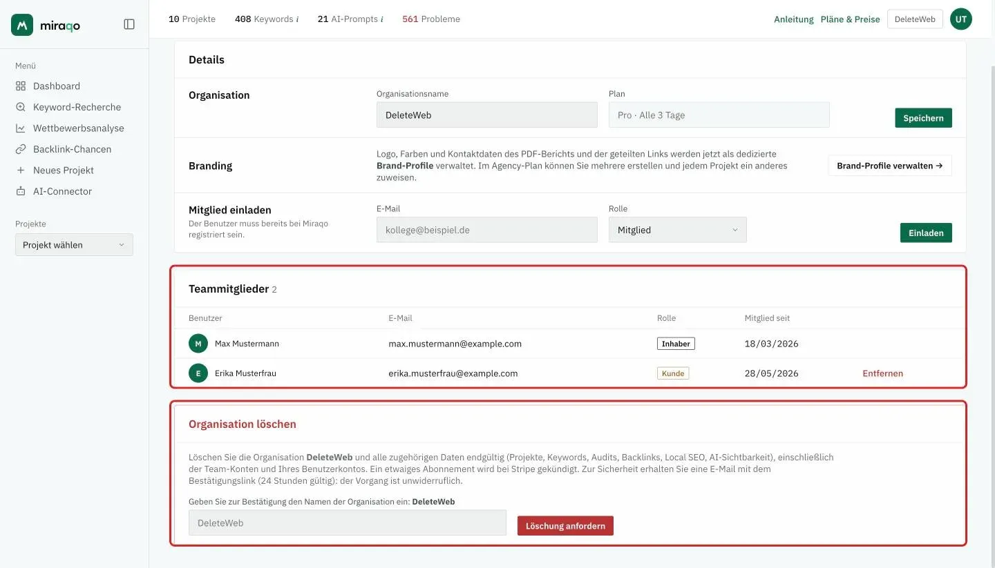 Hervorgehoben die Karte Teammitglieder, mit einer Zeile pro Mitglied mit Benutzer, E-Mail, Rolle, Beitrittsdatum und dem Button Entfernen, und darunter die rote Zone Organisation löschen mit dem Namensfeld und Löschung anfordern