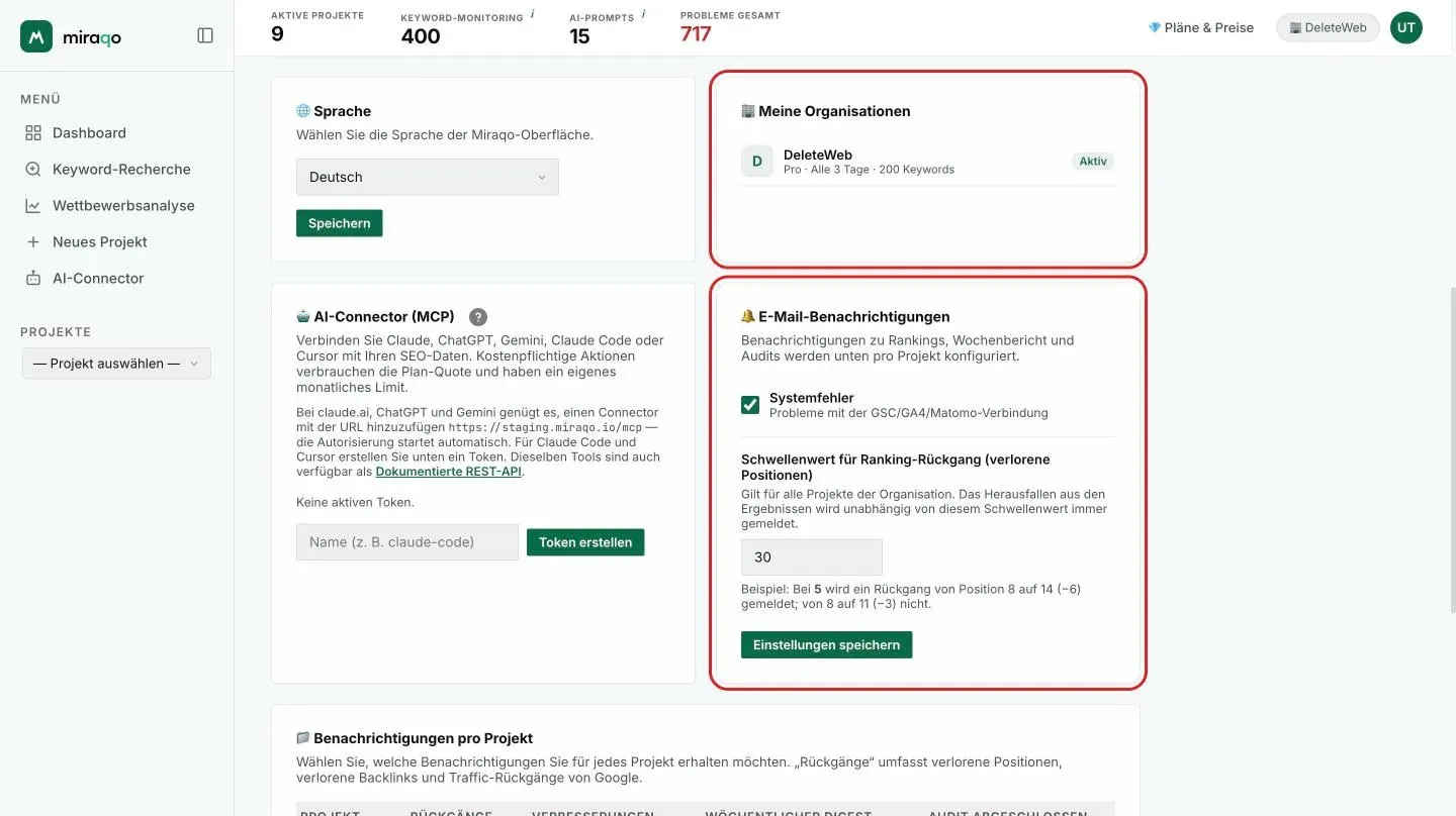 Die hervorgehobene Karte Meine Organisationen mit der aktiven Organisation, dem Plan und der Häufigkeit; darunter die Karten AI-Connector (MCP) und E-Mail-Benachrichtigungen mit dem Kästchen Systemfehler und der Ranking-Rückgang-Schwelle