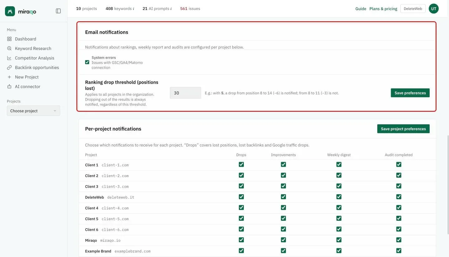 The Email notifications card, highlighted: the System errors checkbox for connection issues with GSC, GA4 and Matomo, the Ranking drop threshold with an example and the Save preferences button