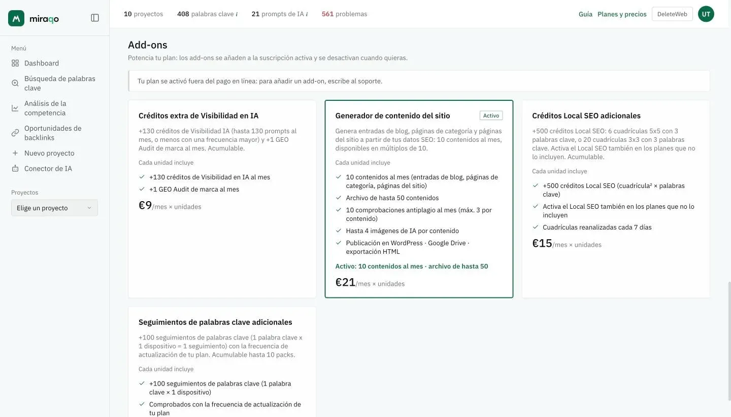 La sección Add-ons: las tarjetas Créditos extra de Visibilidad en IA, Generador de contenido del sitio con la insignia Activo, Créditos Local SEO adicionales y Seguimientos de palabras clave adicionales, cada una con lo que incluye una unidad y el precio mensual por unidad