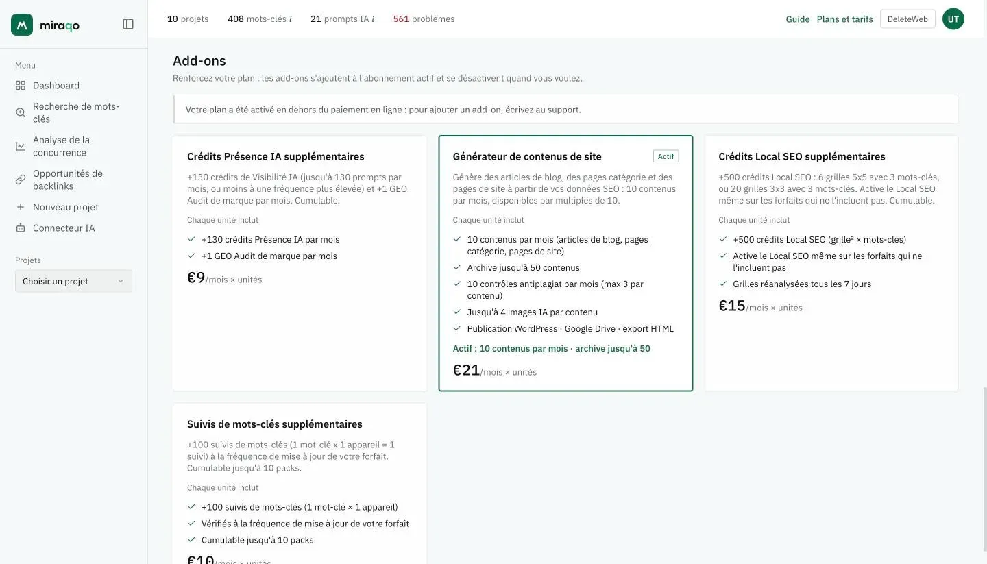 La section Add-ons : les cartes Crédits Présence IA supplémentaires, Générateur de contenus de site avec le badge Actif, Crédits Local SEO supplémentaires et Suivis de mots-clés supplémentaires, chacune avec le contenu d’une unité et le prix mensuel par unité