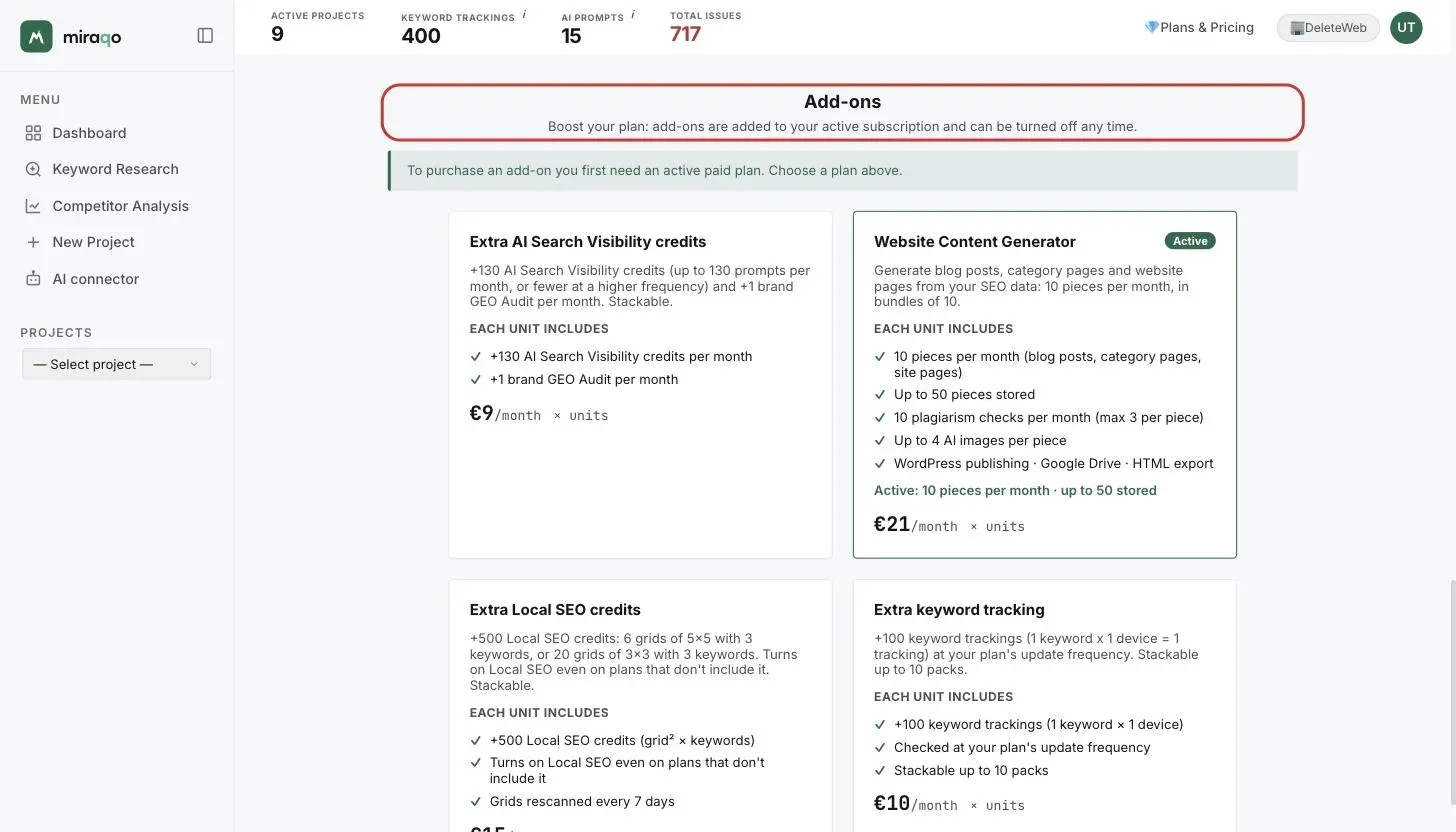 The bottom part of the plan cards with the full limits and Activate plan buttons, then the Add-ons section with Extra AI Visibility credits and Site content generator