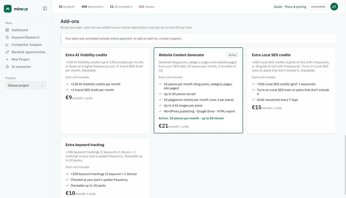 The Add-ons section: the Extra AI Visibility credits, Website Content Generator with the Active badge, Extra Local SEO credits and Extra keyword tracking cards, each with what one unit includes and the monthly price per unit