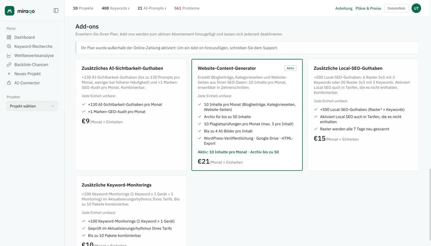 Der Bereich Add-ons: die Karten Zusätzliches AI-Sichtbarkeit-Guthaben, Website-Content-Generator mit dem Badge Aktiv, Zusätzliche Local-SEO-Guthaben und Zusätzliche Keyword-Monitorings, jeweils mit dem Inhalt einer Einheit und dem Monatspreis pro Einheit