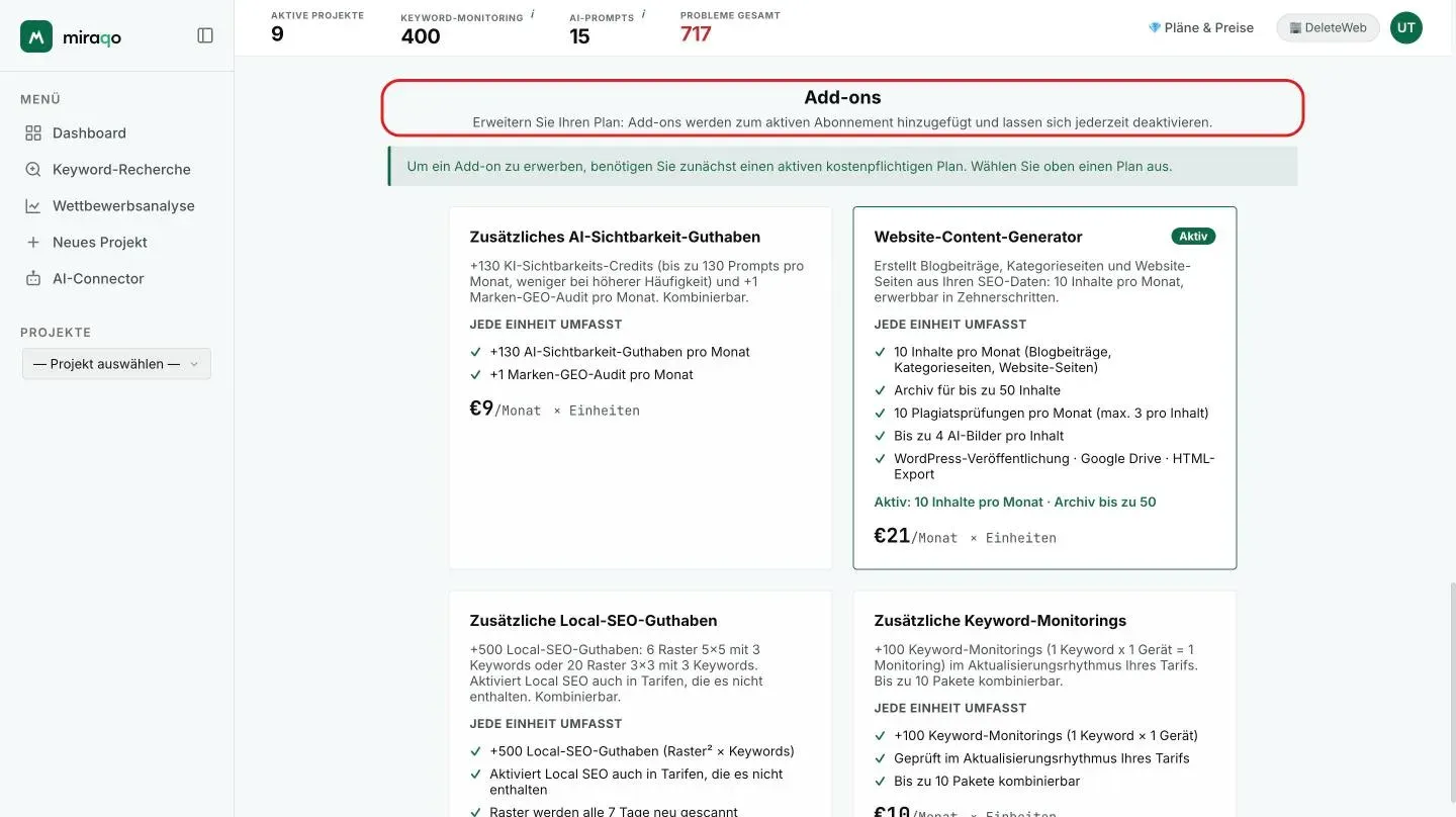 Der untere Teil der Plankarten mit den vollständigen Limits und den Buttons Plan aktivieren, dann der Bereich Add-ons mit Zusätzliche AI-Sichtbarkeit-Credits und Content-Generator für die Website