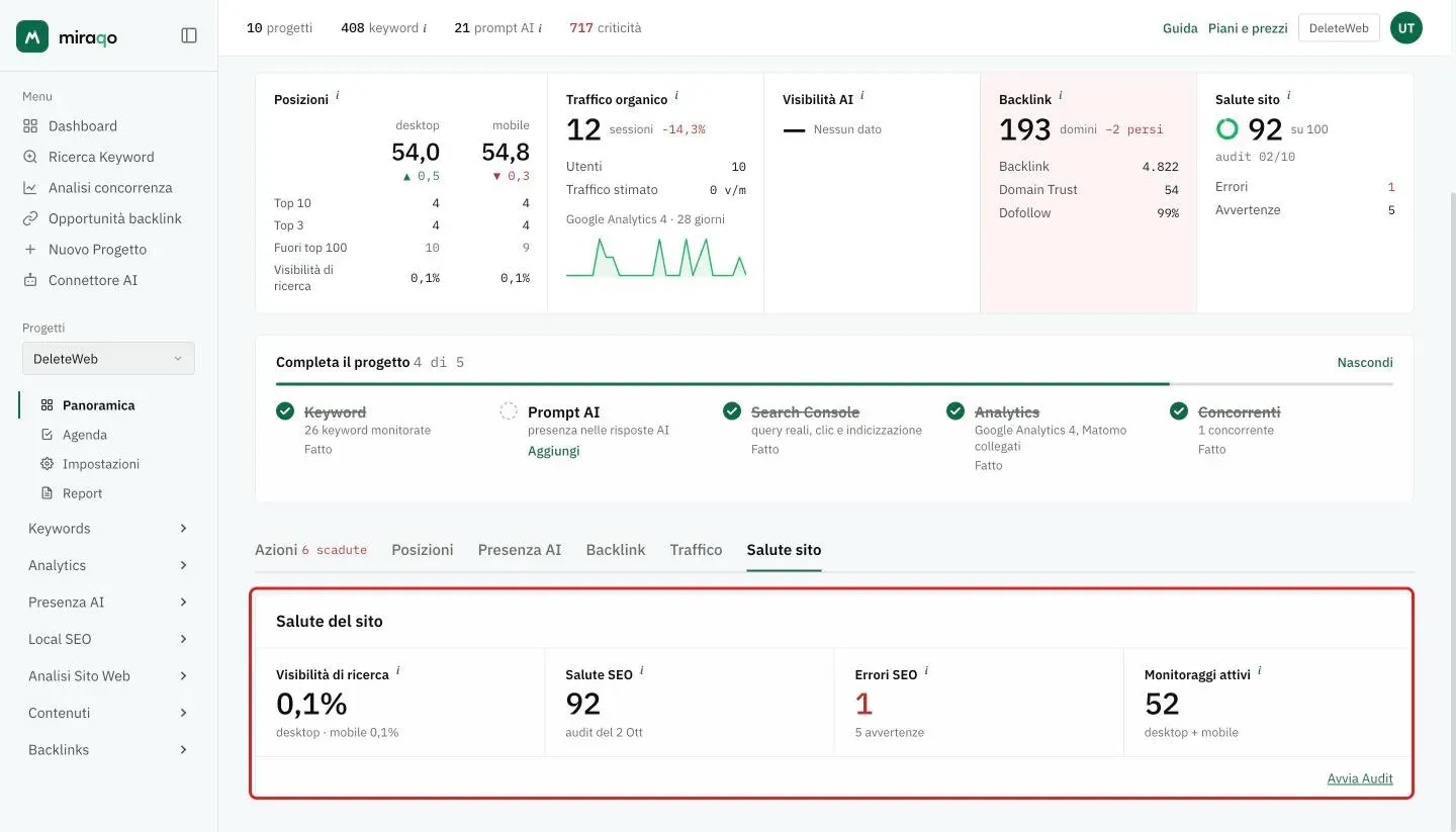 La scheda Salute sito evidenziata: Visibilità di ricerca, Salute SEO con la data dell’audit, Errori SEO con le avvertenze e Monitoraggi attivi, e il link Avvia Audit