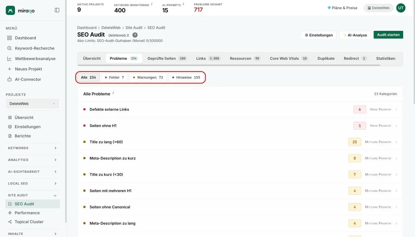 Der Tab Probleme mit den hervorgehobenen Chips Alle, Fehler, Warnungen und Informativ und darunter die Liste der Probleme mit der Anzahl und der Priorität jedes einzelnen