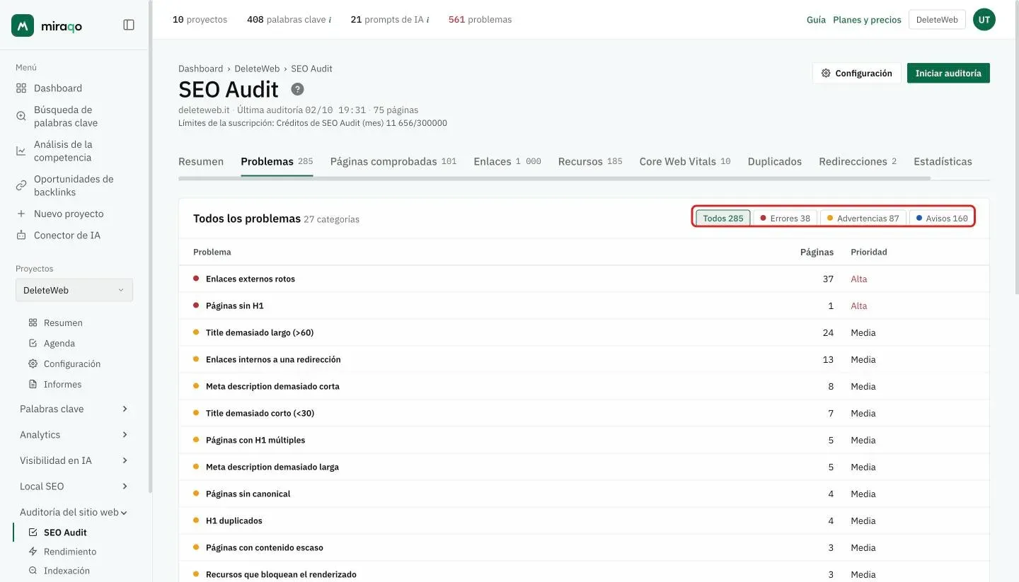 La pestaña Problemas con los chips Todas, Errores, Avisos e Informativos resaltados y, debajo, la lista de incidencias con el recuento y la prioridad de cada una