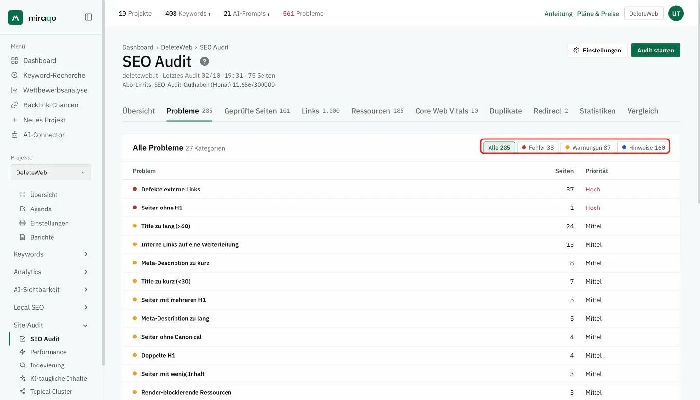 Der Tab Probleme mit den hervorgehobenen Chips Alle, Fehler, Warnungen und Informativ und darunter die Liste der Probleme mit der Anzahl und der Priorität jedes einzelnen