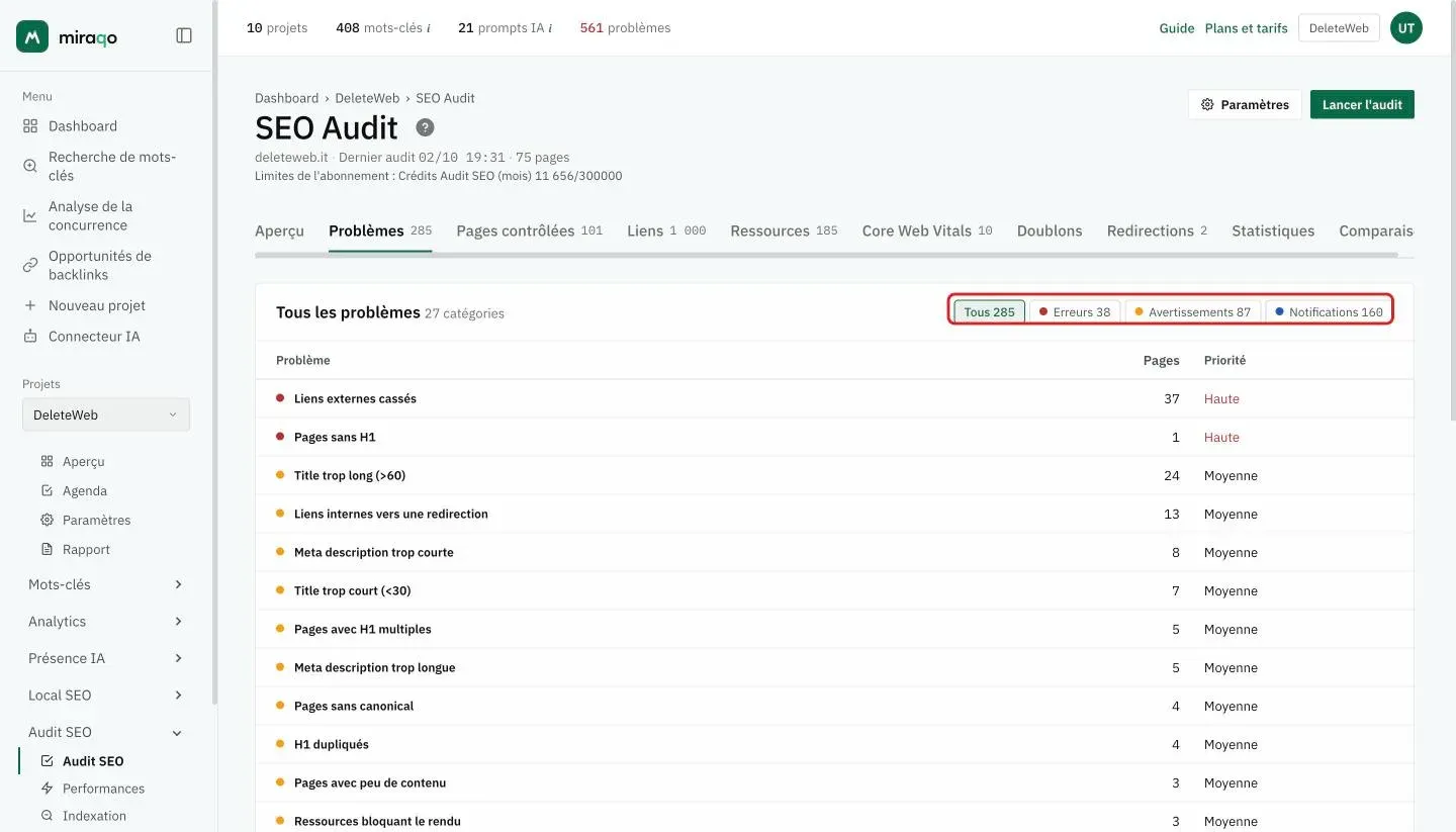 L’onglet Problèmes avec les puces Tous, Erreurs, Avertissements et Notifications mises en valeur et, en dessous, la liste des problèmes avec le nombre et la priorité de chacun