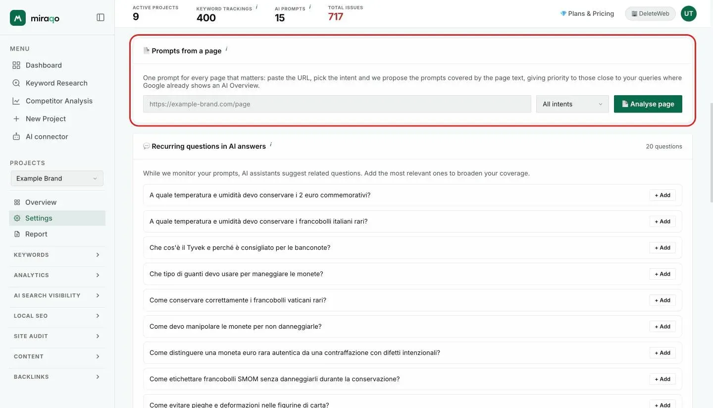 The Prompts from a page card, highlighted: the URL field, the intent menu set to All intents and the Analyse page button