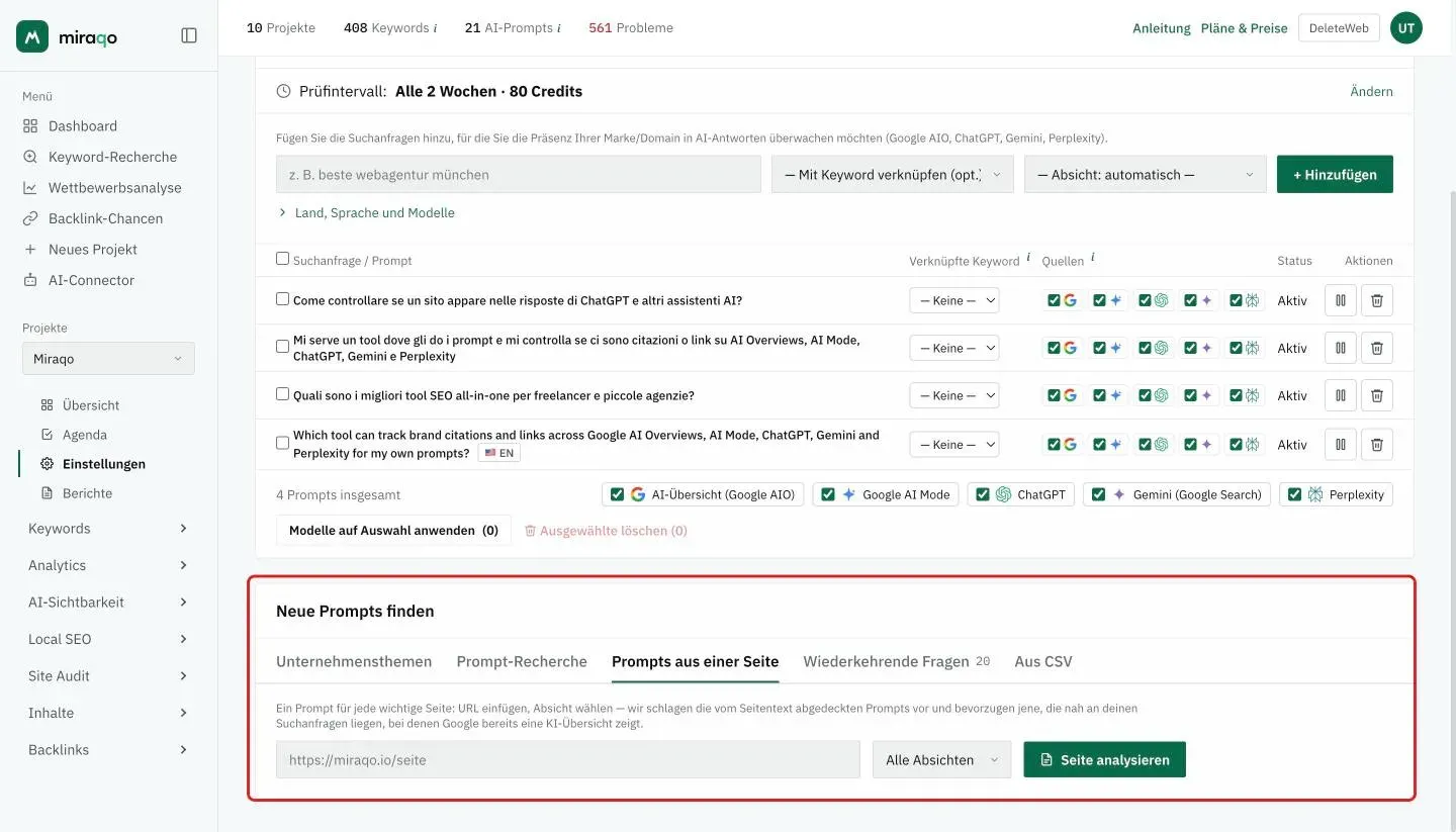 Die Karte Neue Prompts finden, Tab Prompts aus einer Seite geöffnet: das URL-Feld, das Intent-Menü auf Alle Absichten und der Button Seite analysieren