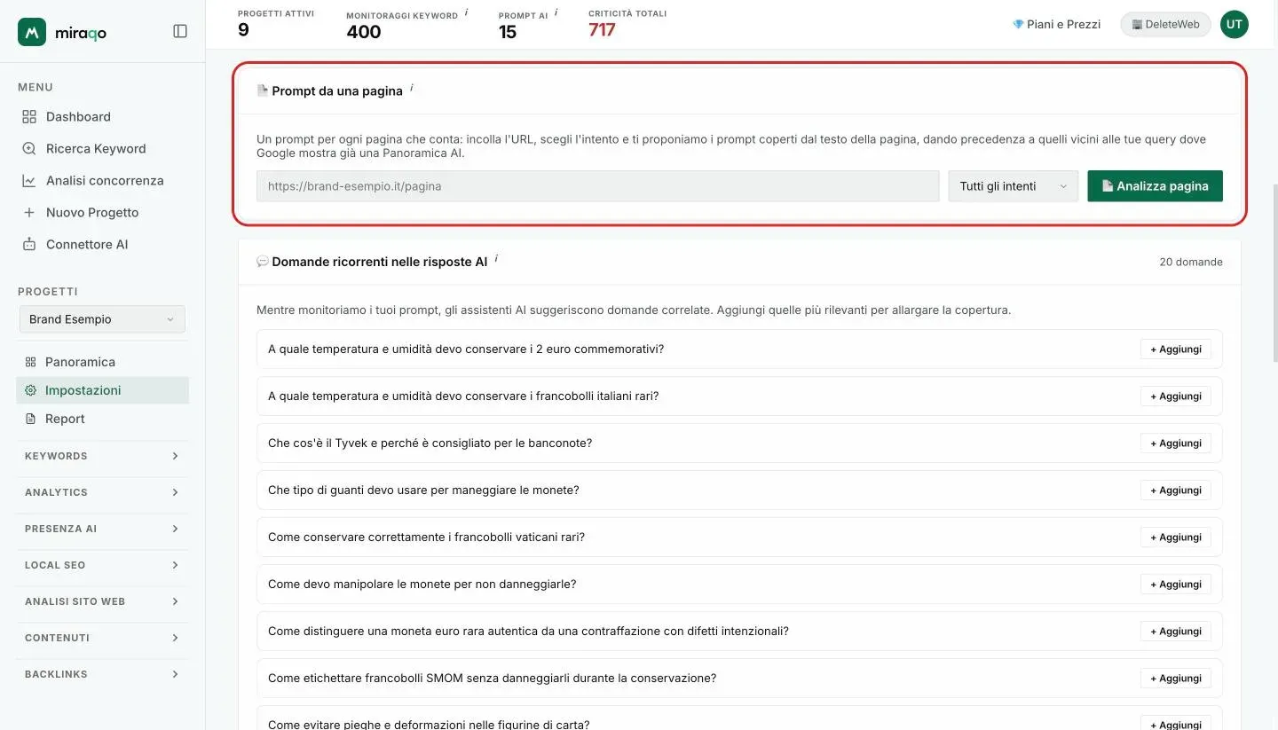 La card Prompt da una pagina evidenziata: il campo dell’URL, il menu degli intenti su Tutti gli intenti e il pulsante Analizza pagina