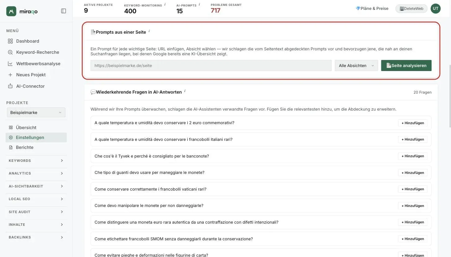 Die hervorgehobene Karte Prompts aus einer Seite: das URL-Feld, das Intent-Menü auf Alle Intents und der Button Seite analysieren