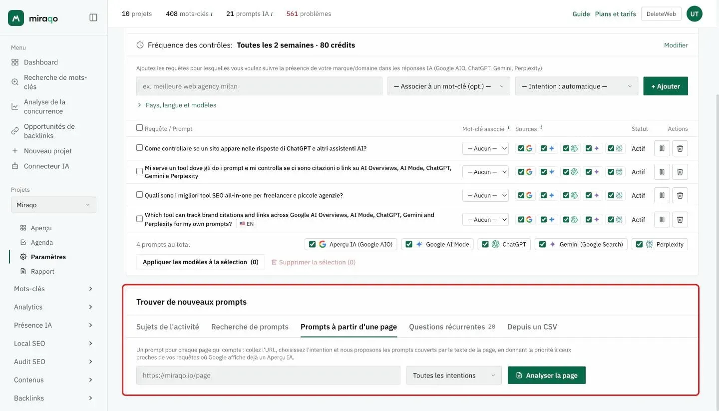 La carte Trouver de nouveaux prompts, onglet Prompts à partir d’une page ouvert : le champ de l’URL, le menu des intentions sur Toutes les intentions et le bouton Analyser la page