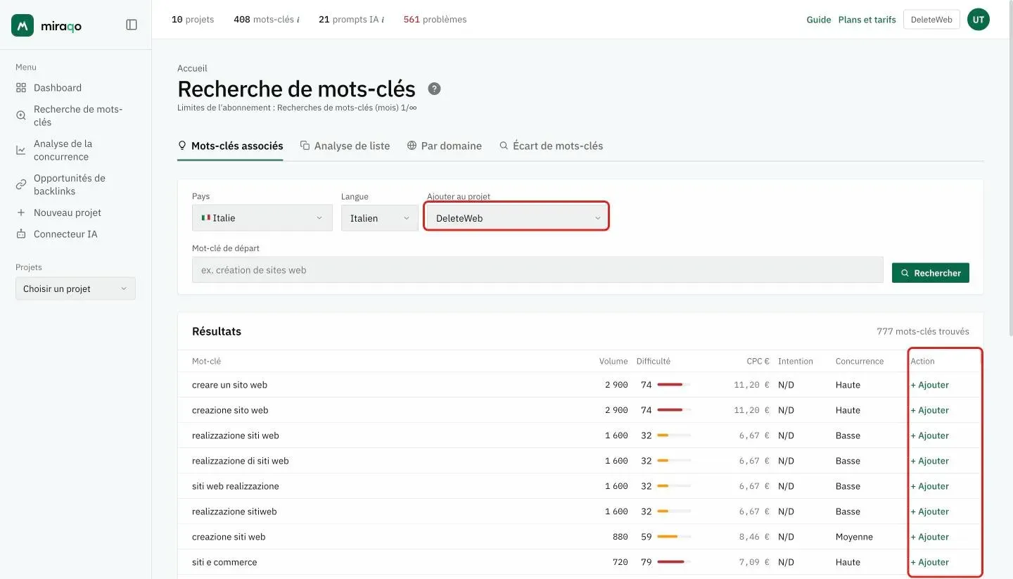 Résultats d’une recherche avec le projet DeleteWeb sélectionné dans le champ Ajouter au projet, mis en évidence : dans la dernière colonne Action apparaît le bouton + Ajouter sur chaque ligne