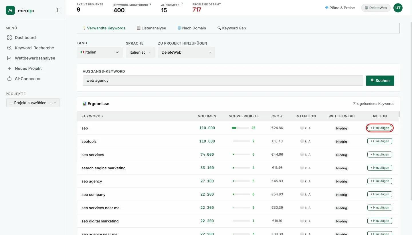 Ergebnisse einer Suche mit dem im hervorgehobenen Feld Zu Projekt hinzufügen ausgewählten Projekt DeleteWeb: in der letzten Spalte Aktion erscheint der Button + Hinzufügen bei jeder Zeile