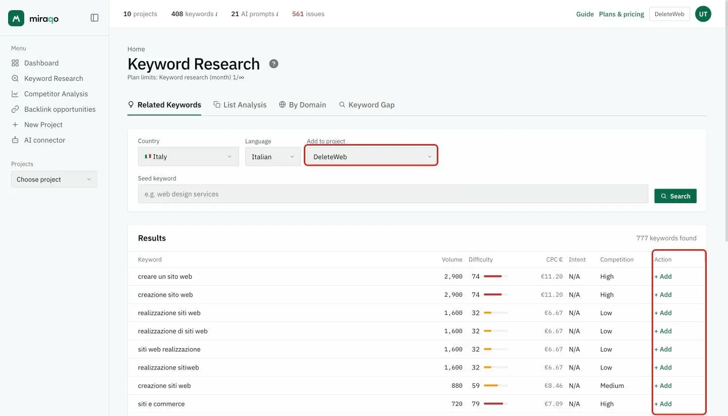 Search results with the DeleteWeb project selected in the Add to project field, highlighted: in the last Action column, the + Add button appears on every row
