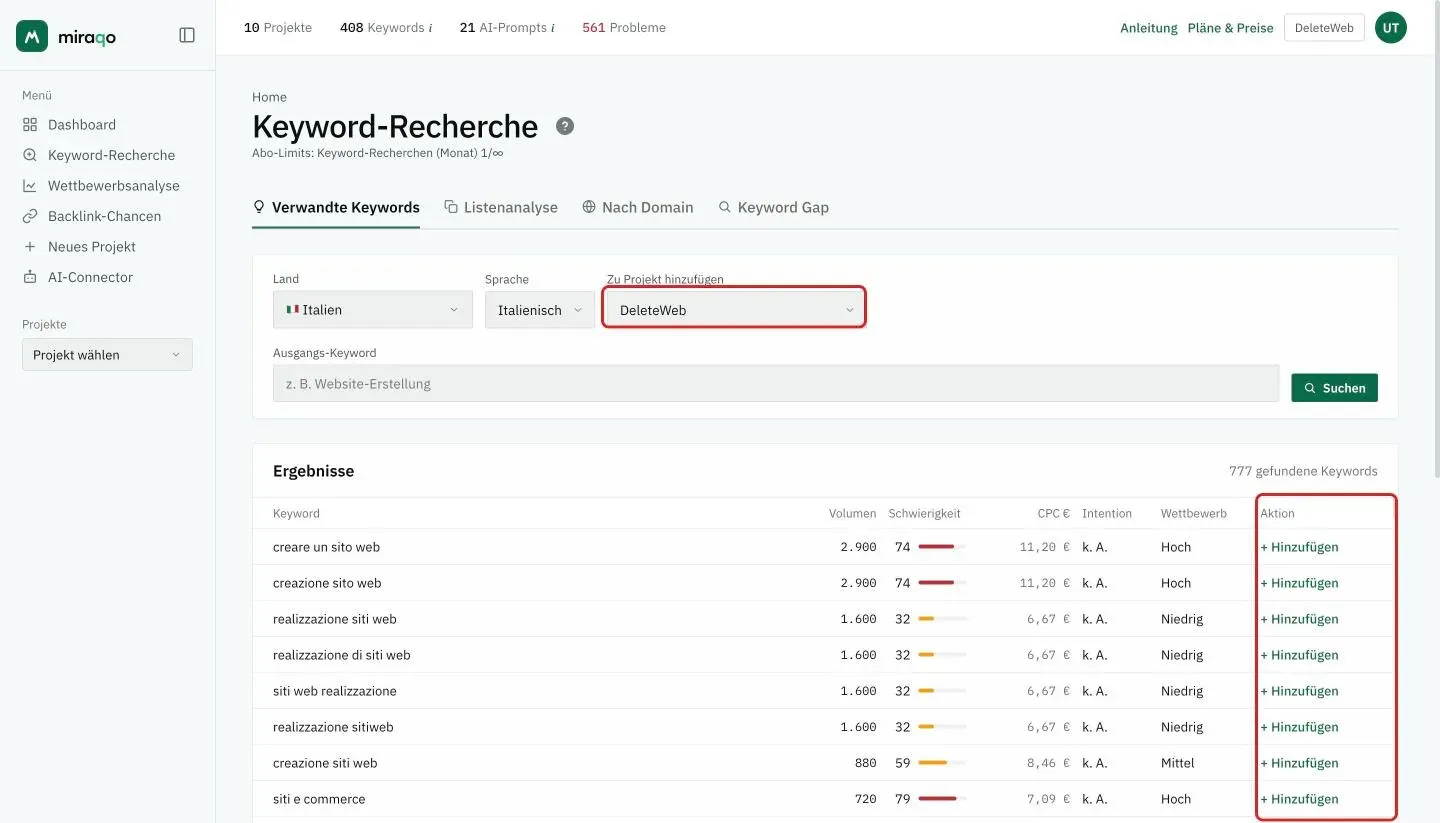 Ergebnisse einer Suche mit dem im hervorgehobenen Feld Zu Projekt hinzufügen ausgewählten Projekt DeleteWeb: in der letzten Spalte Aktion erscheint der Button + Hinzufügen bei jeder Zeile