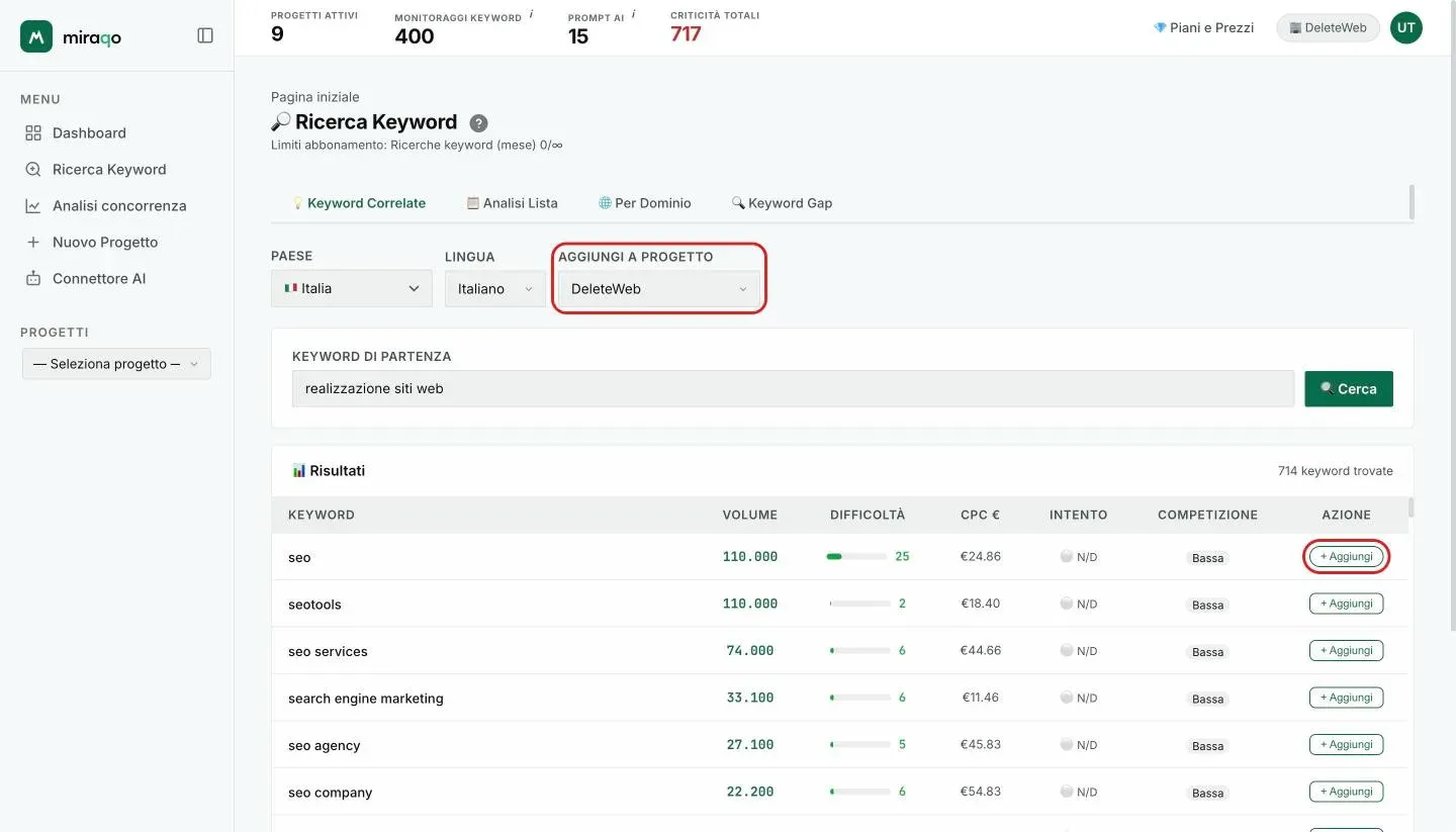 Risultati di una ricerca con il progetto DeleteWeb selezionato nel campo Aggiungi a progetto, evidenziato: nell’ultima colonna Azione compare il pulsante + Aggiungi su ogni riga