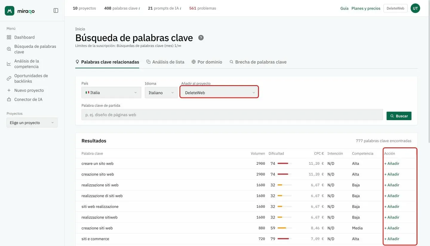 Resultados de una búsqueda con el proyecto DeleteWeb seleccionado en el campo Añadir al proyecto, resaltado: en la última columna Acción aparece el botón + Añadir en cada fila