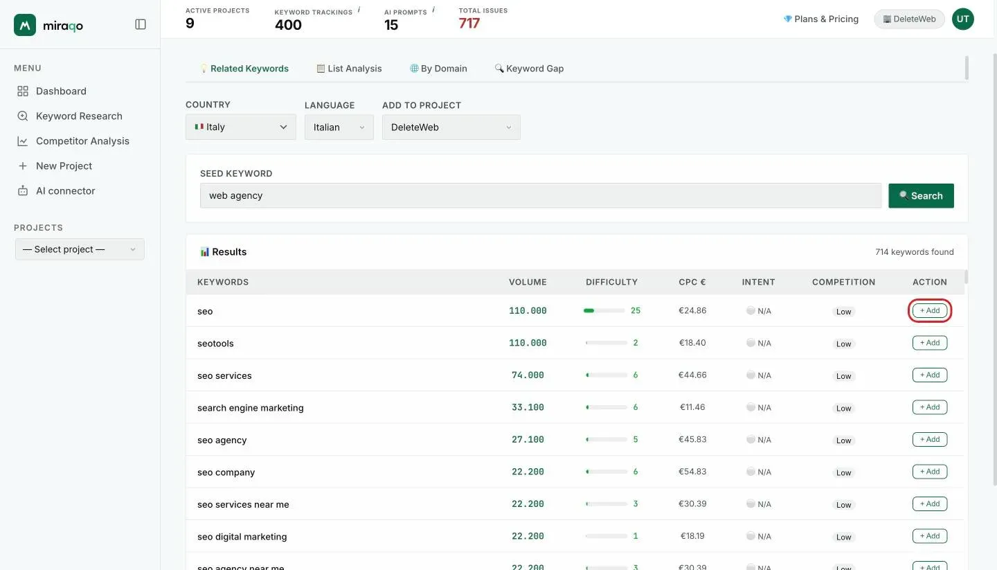 Search results with the DeleteWeb project selected in the Add to project field, highlighted: in the last Action column, the + Add button appears on every row