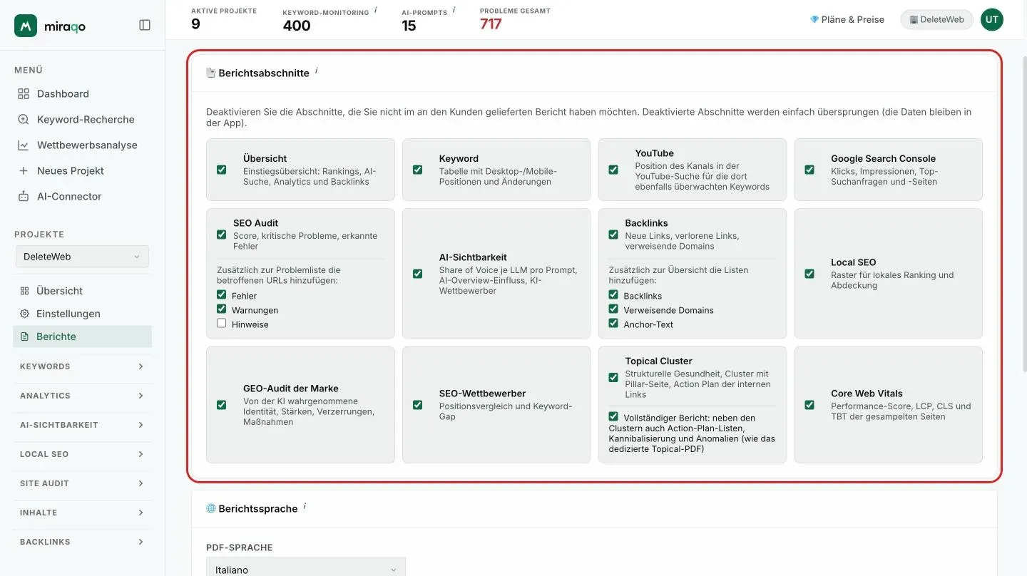 Der Tab Vorlage und Deckblatt, Karte Report-Abschnitte: ein Kästchen pro Abschnitt mit der Beschreibung, und unter Technischer Audit, Backlinks und Topical Cluster die Kästchen für optionale Details
