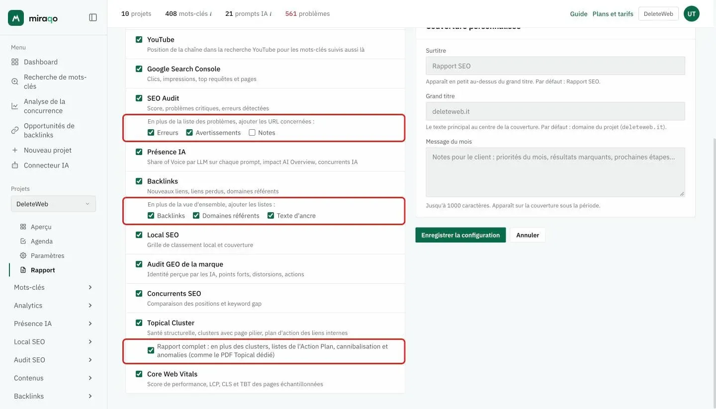 La carte Sections du rapport : une case par section avec sa description et, mises en évidence sous Audit SEO, Backlinks et Topical Cluster, les cases des détails optionnels
